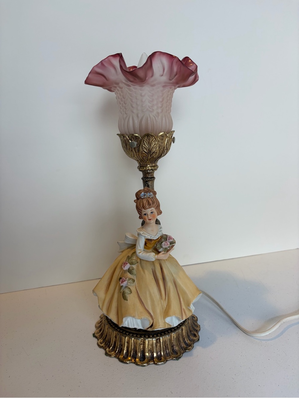 Vintage Victorian Lady Figurine Table Lamp Pink Floral Glass Boudoir Cottagecore - Picture 2 of 13